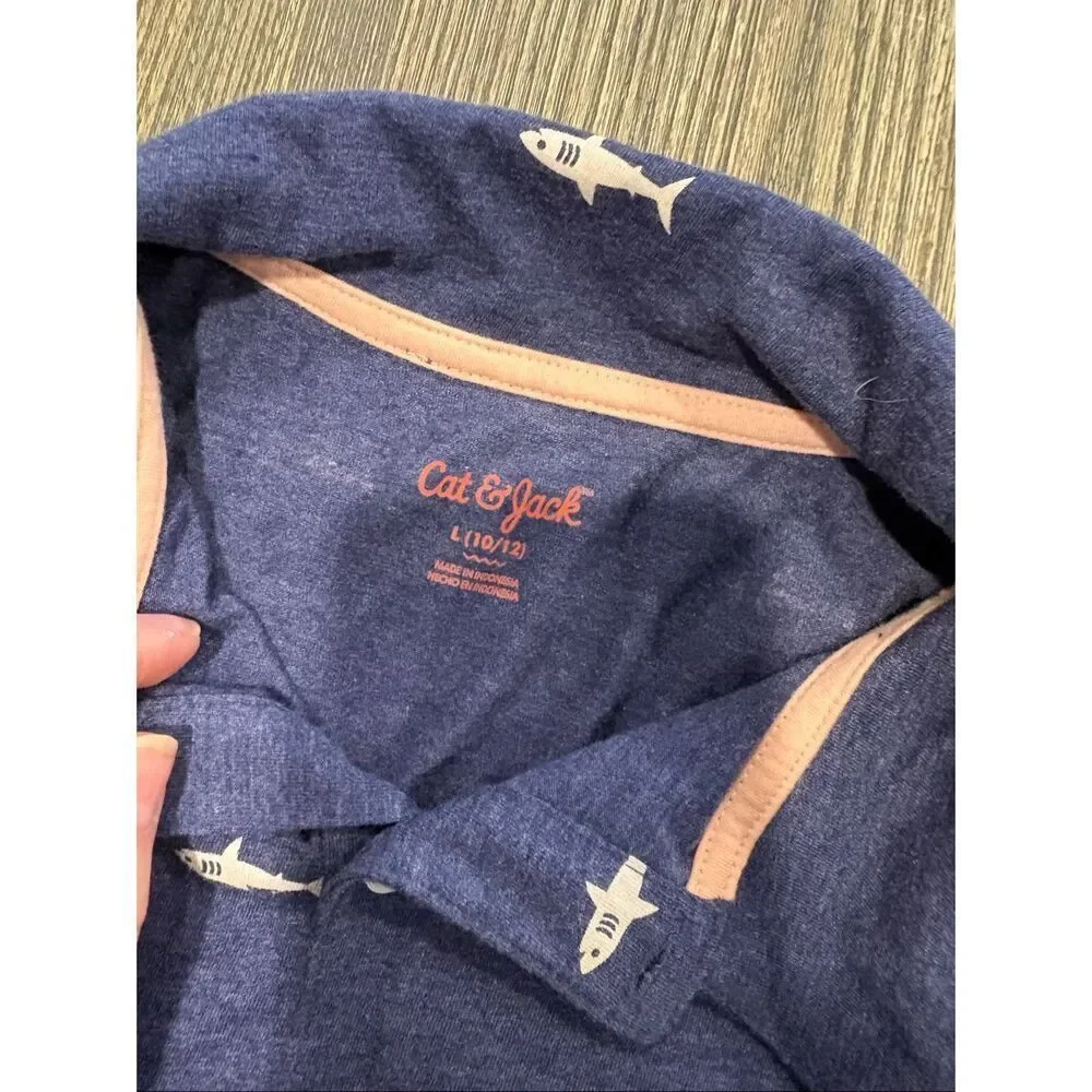 Cat & Jack Boys Polo Shirt Shark Print Short Sleeve Collared Navy Blue Size L